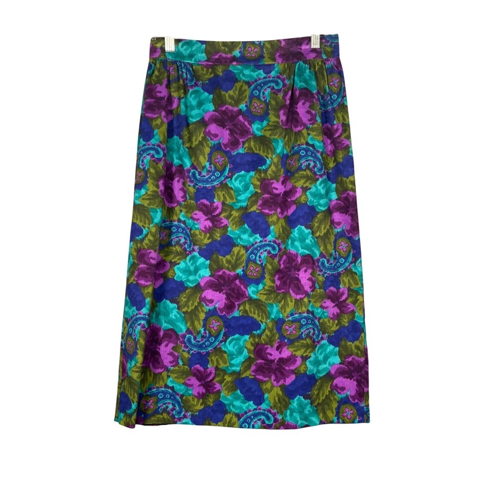 Vintage Floral Paisley Midi Skirt Purple Teal Cotton High Waist Made in USA 9/10